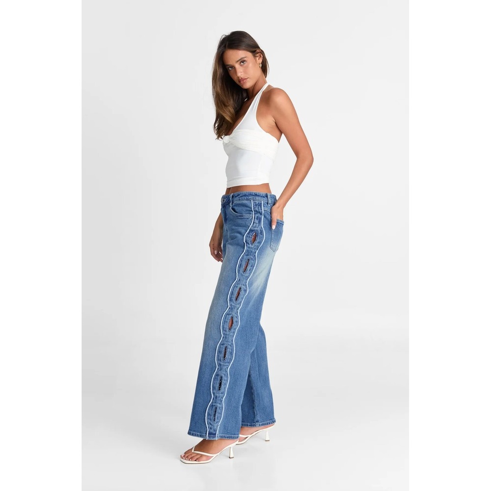 NWT Sasha Therese Cairo Jean Blue Cutout Wide Leg Wavy Side Denim XS SHSH032B-XS